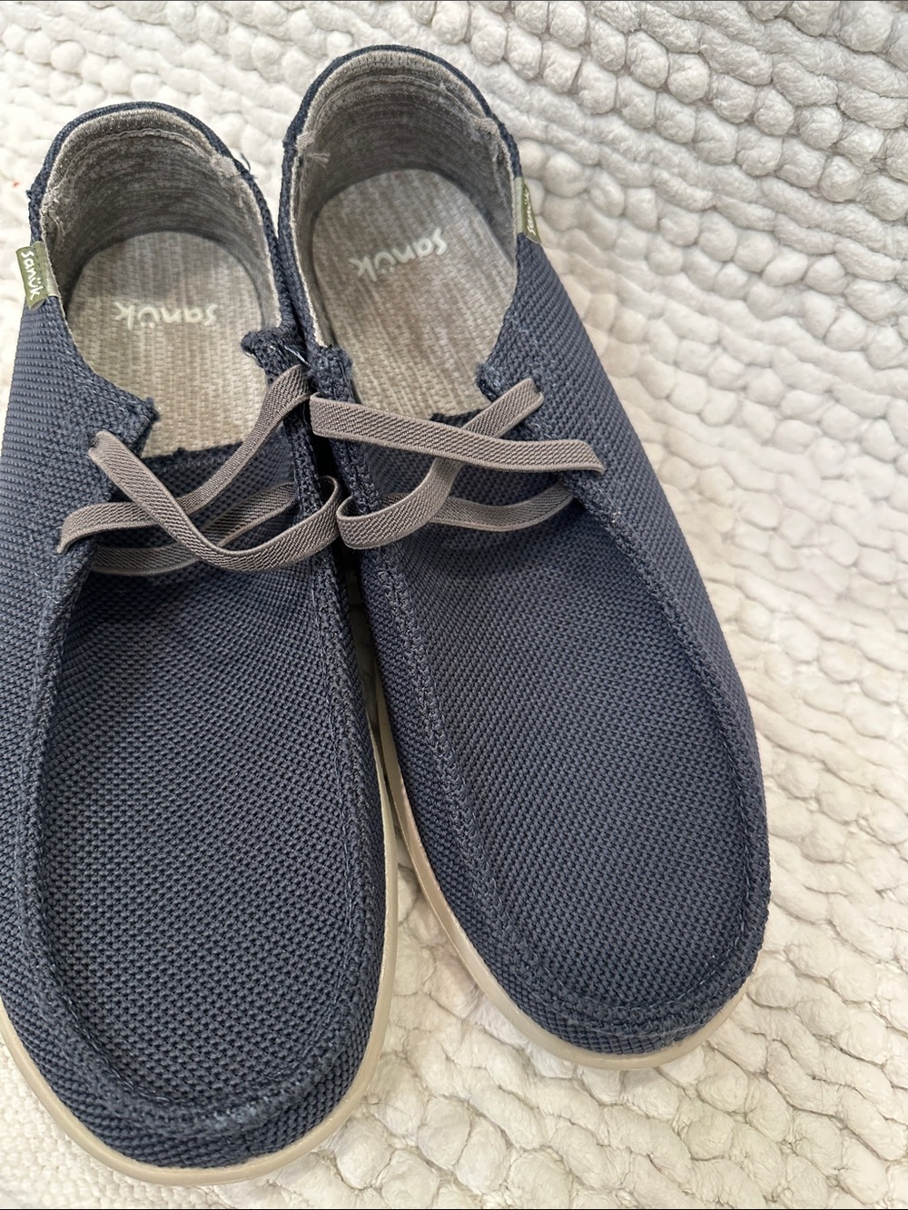 Sanuk Navy Knit Casual Slip-On Loafers with Gray Laces